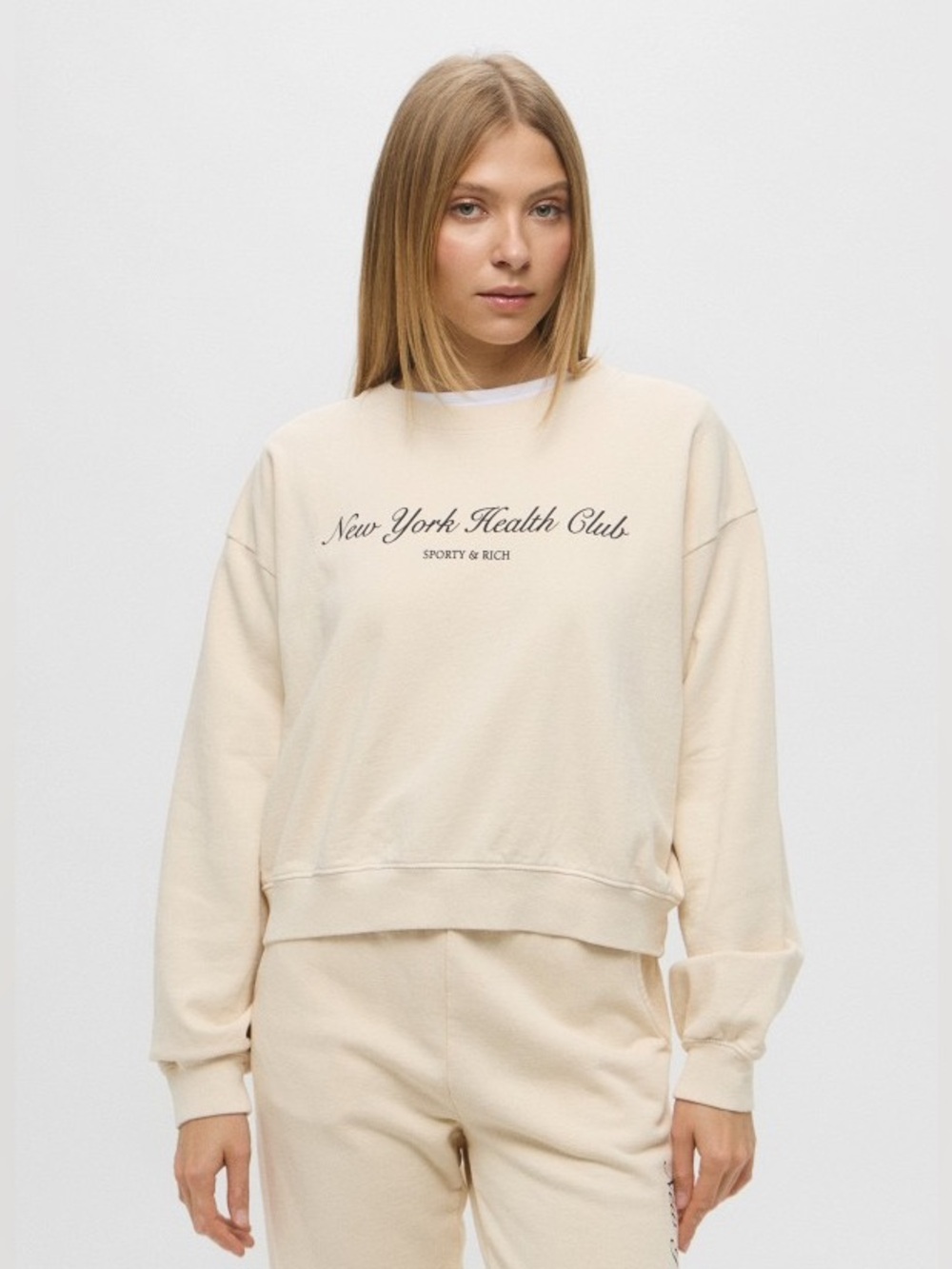 Sporty & Rich Cream New York Health Club Cropped Crewneck Sweatshirt M Old Money